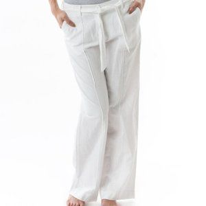 White Tie-Waist Linen Wide-Leg Pants- L